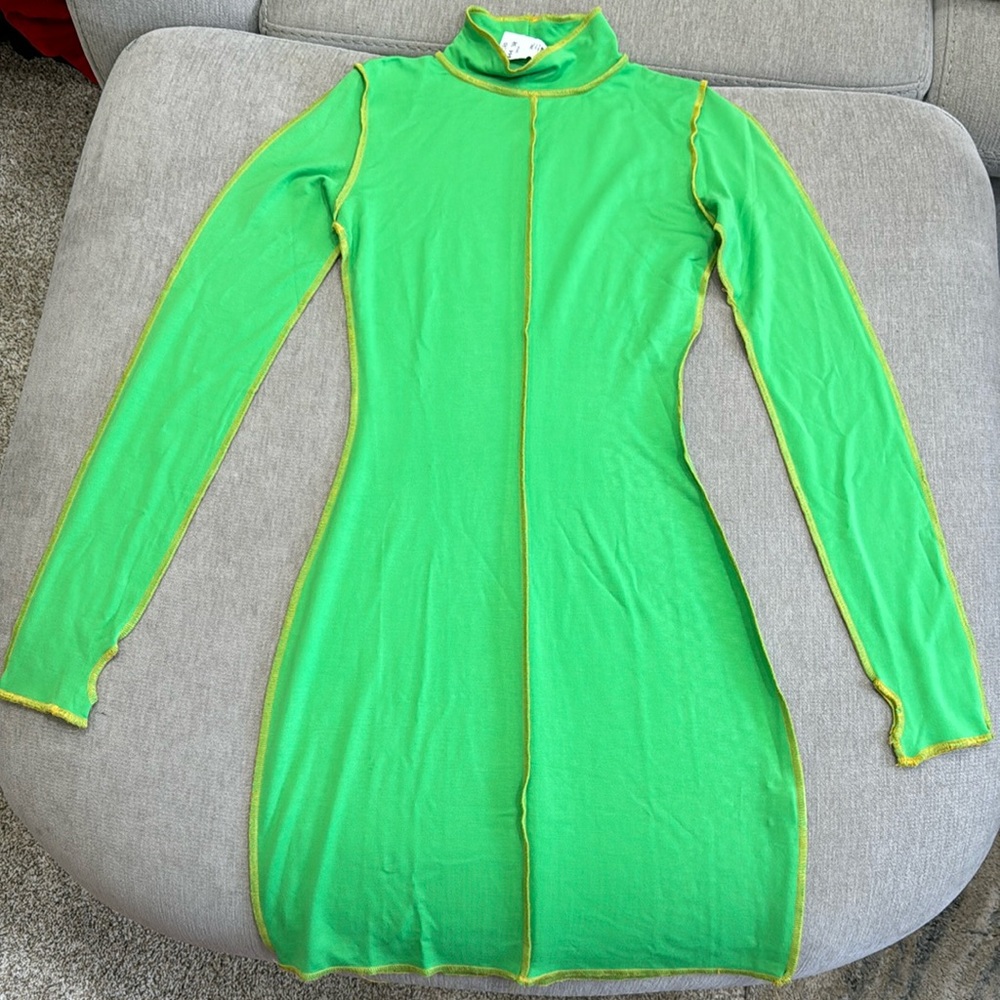 NWT Neon Green & Yellow High Neck Long Sleeve Dress